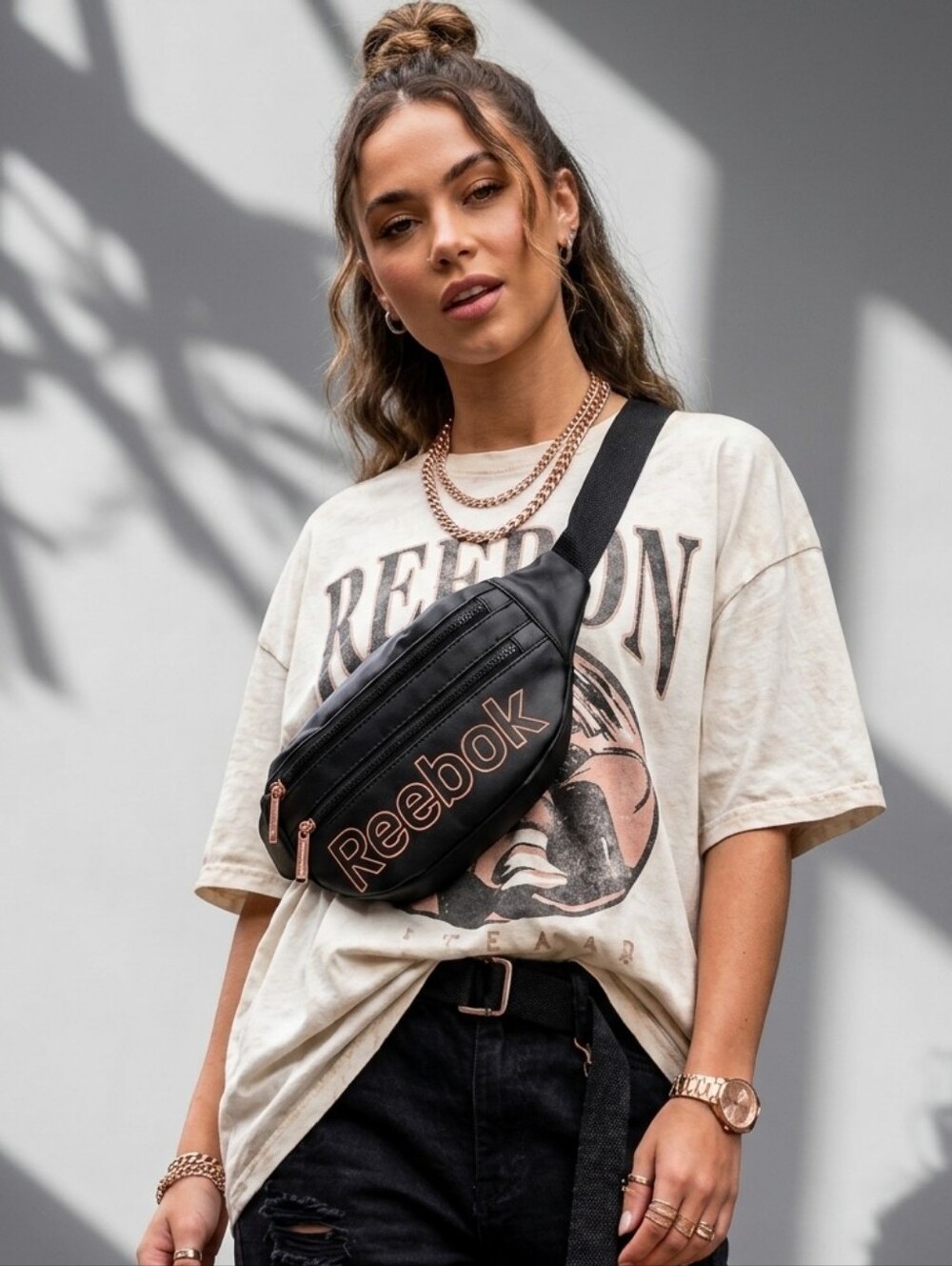 Reebok Belt Bag Rose Gold Zipper Athleisure Streetwear Crossbody Fanny Pack